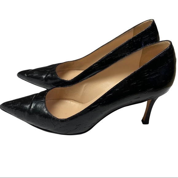 Manolo Blahnik Textured Black Patent Pointed Toe 3” Heel Leather Pumps Size 39 - Picture 15 of 16